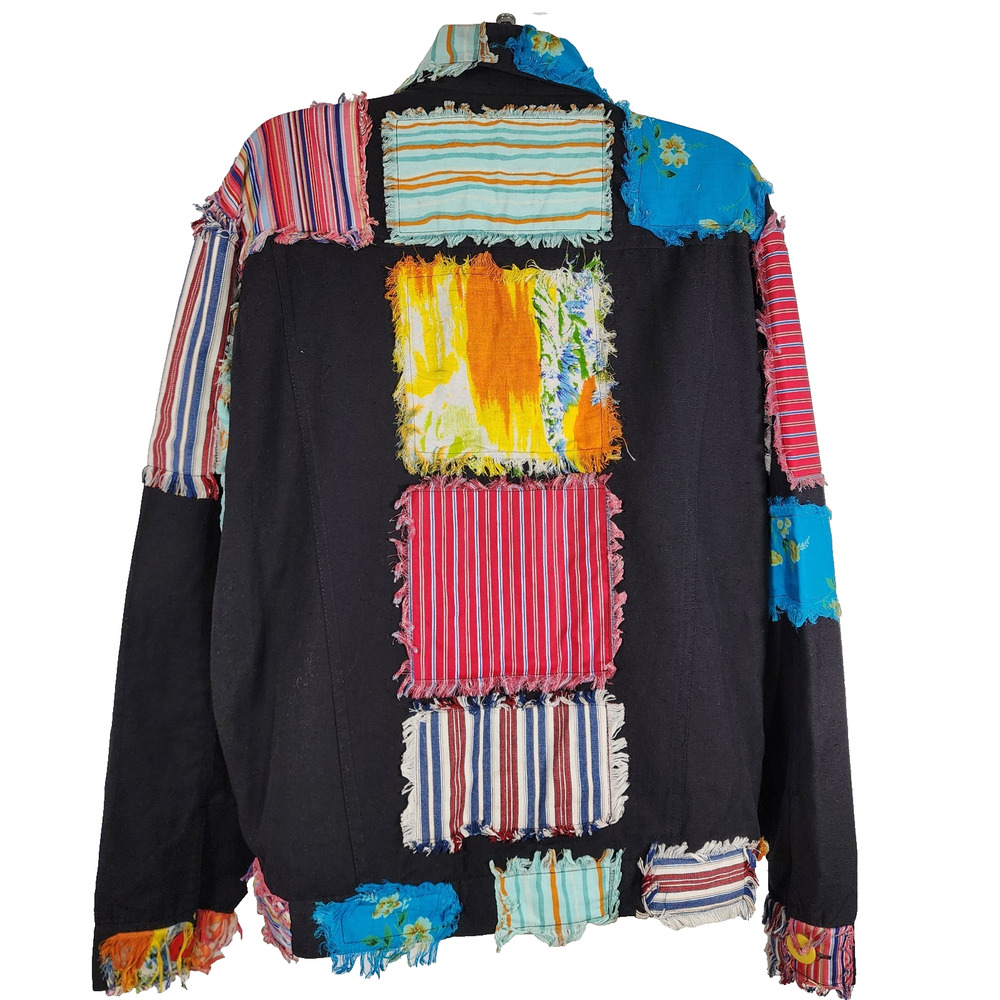 Vtg New Direction Patchwork Jacket Black Cotton Button Medium Colorful Artsy 90s - Picture 2 of 12